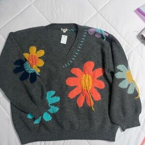 POL Gray V-Neck Sweater with Colorful Floral Embroidery